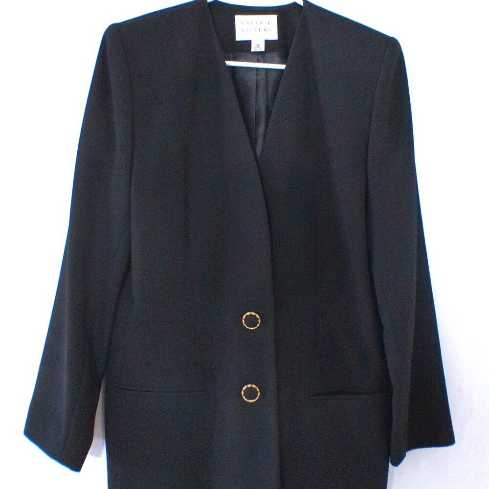 Valerie Stevens Black Suit Set Size 10 Gold Button Blazer & Pants 90s Career